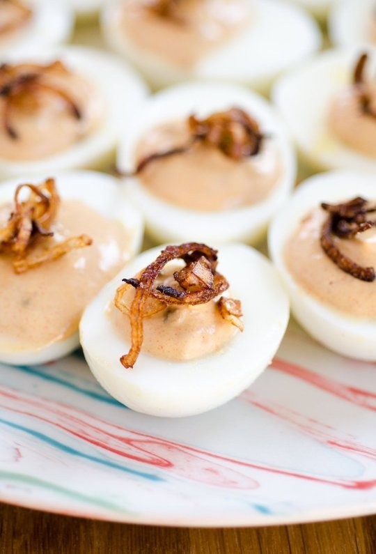 Smoky deviled eggs with Greek yogurt & frizzled shallots