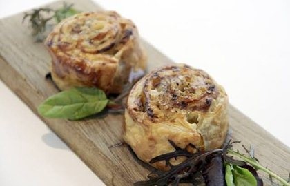 Smoky eel puff pastries with pork belly, Emmental and apple