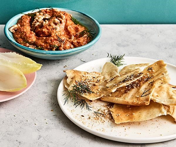 Smoky eggplant and capsicum dip with pita bread