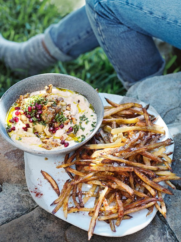 Smoky eggplant dip with hand-cut potato chips