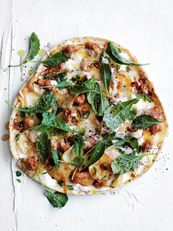 Smoky eggplant, lamb sausage and potato pizza