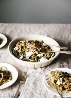 Smoky eggplant pasta with pounded walnut relish, mozzarella, and basil