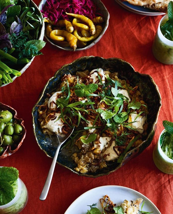 Smoky eggplant with walnuts & cheesy yoghurt