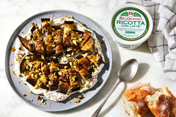 Smoky eggplant with whipped ricotta & pistachios