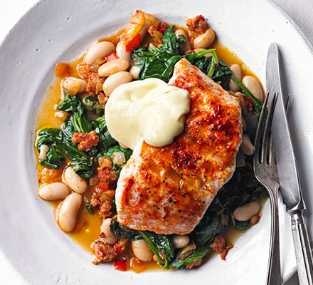 Smoky hake, beans & greens