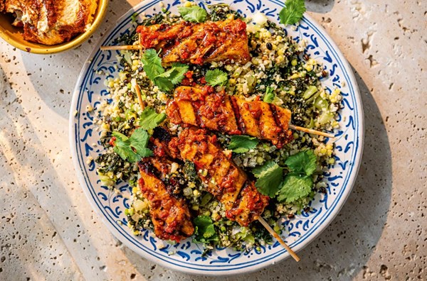 Smoky harissa halloumi kebabs with cauliflower couscous