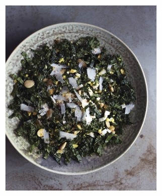 Smoky kale salad with toasted almonds and egg