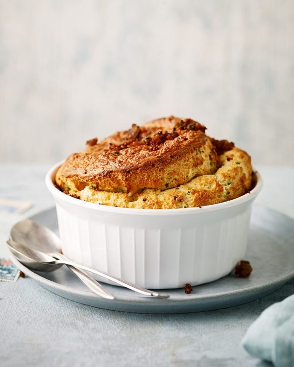 Smoky kipper and chive soufflés with buttered rye crumbs 