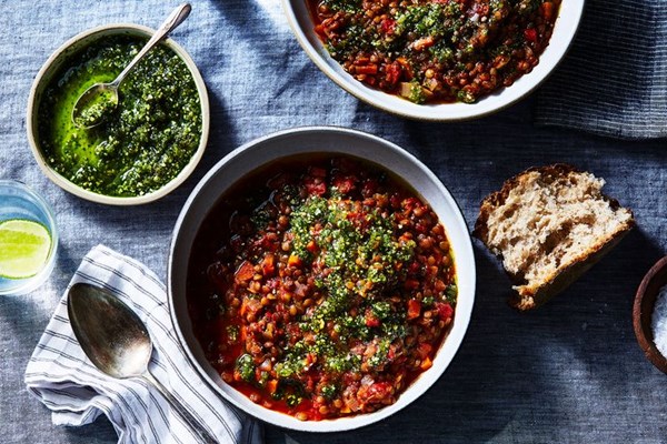 Smoky lentil soup with almond picada