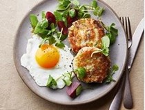Smoky mackerel fish cakes, fried eggs & pickled beets