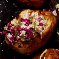 Smoky mackerel rillettes with pickled beetroot jacket potato filling