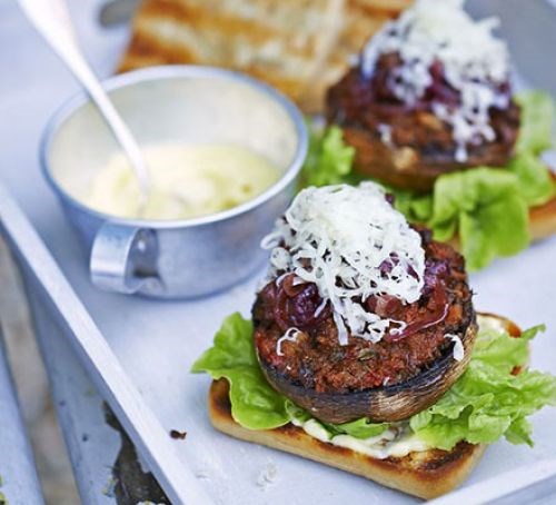 Smoky mushroom burgers with roasted garlic mayo