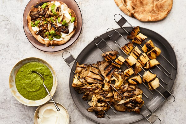 Smoky mushroom skewers with labneh and salsa verde