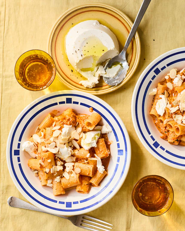 Smoky pepper and chilli pesto pasta with ricotta