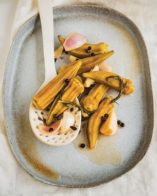 Smoky pickled okra
