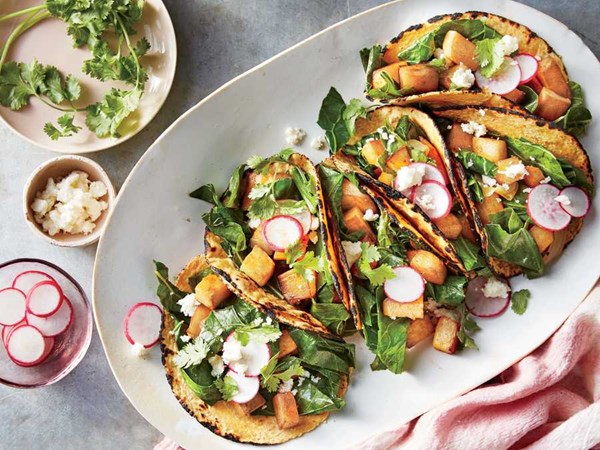Smoky potato and greens tacos