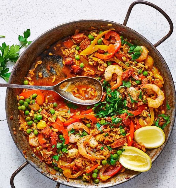 Smoky prawn and chorizo 'paella'