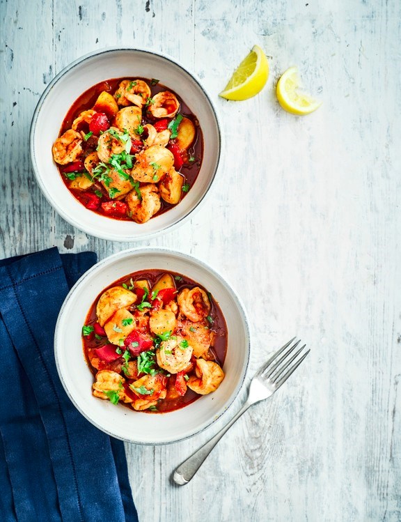Smoky prawn, pepper and new potato stew