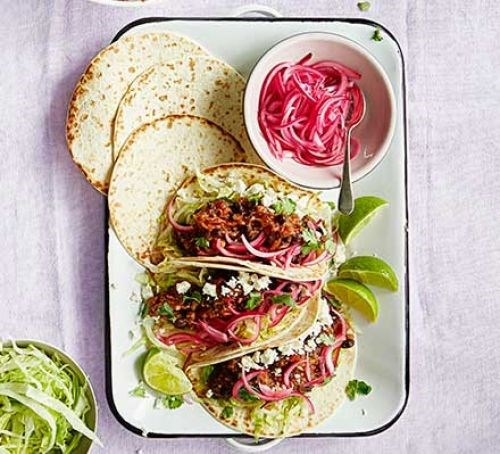 Smoky pulled aubergine & black bean tacos