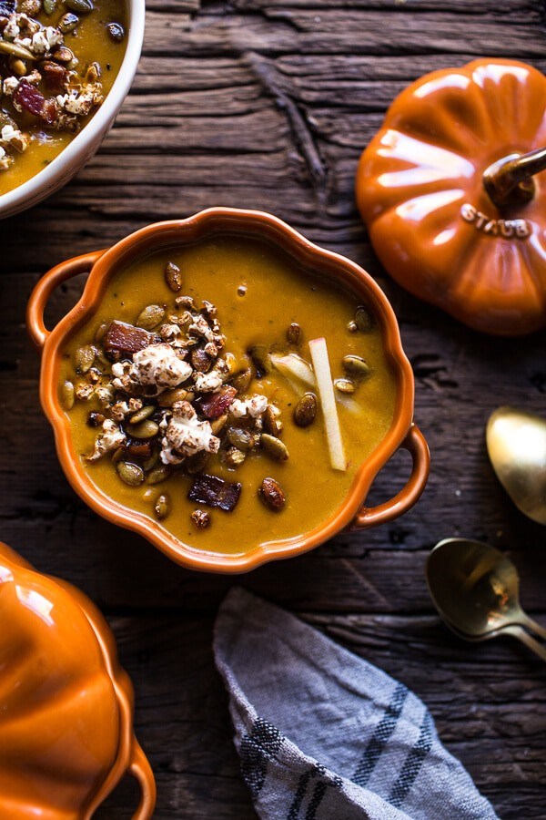 Smoky pumpkin beer and cheddar potato soup with candied bacon popcorn