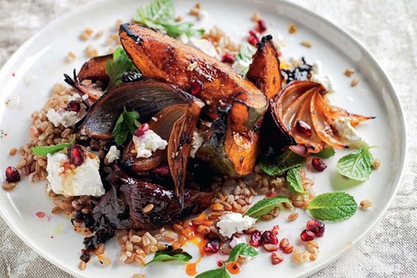Smoky pumpkin, spelt, pomegranate and feta salad
