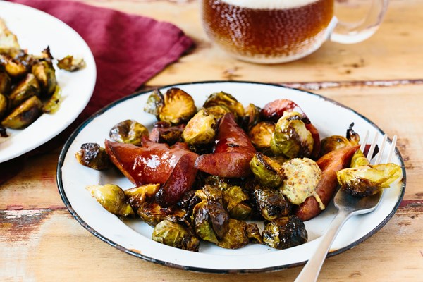 Smoky roasted Brussels sprouts and kielbasa