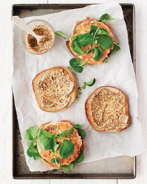 Smoky salmon burgers with grainy mustard