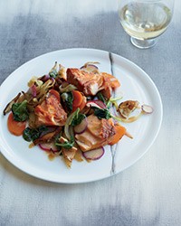 Smoky salmon with miso-dressed vegetables