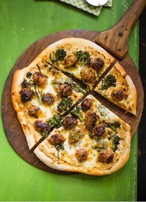 Smoky sausage and kale pizza