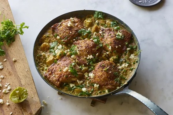 Smoky Southwest chicken thighs with charred corn & poblano gnocchi 