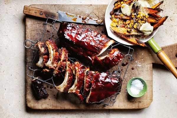 Smoky spiced pork ribs with loaded sweet potatoes