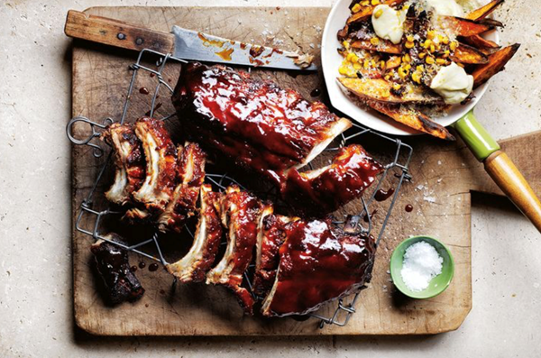 Smoky spiced pork ribs with loaded sweet potato