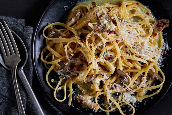 Smoky, spicy vegetarian pasta with eggs and mushrooms