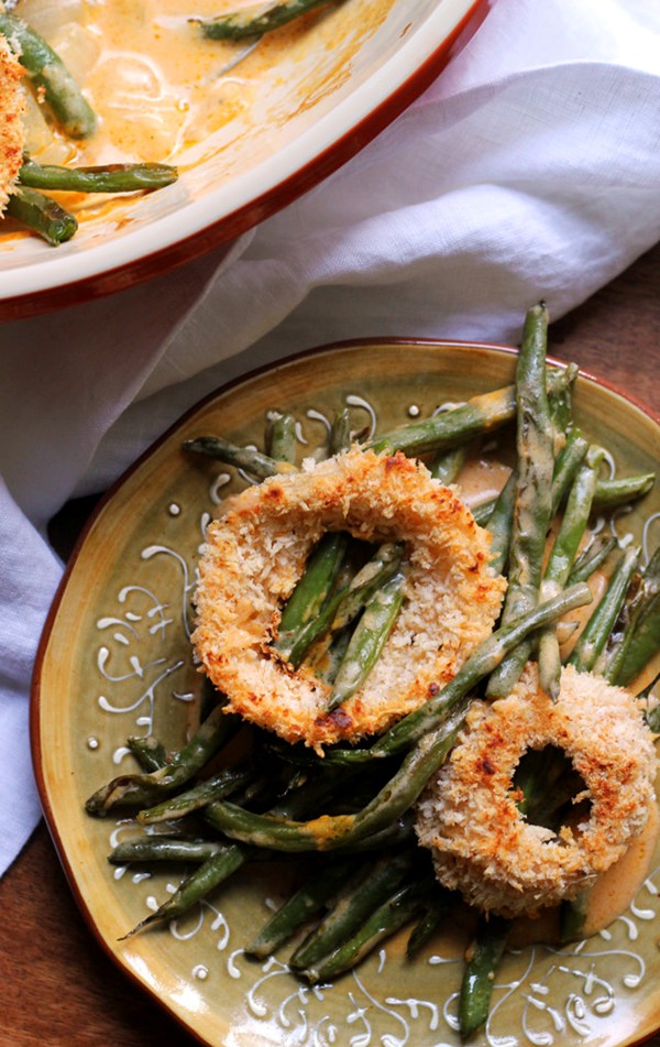 Smoky string bean casserole with Sriracha buttermilk onion rings