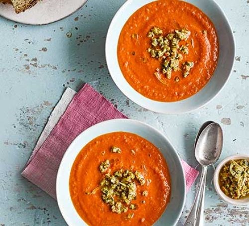 Smoky tomato soup with preserved lemon & green olive salsa