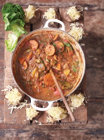 Smoky veggie chilli, sweet gem & cheesy jacket spuds