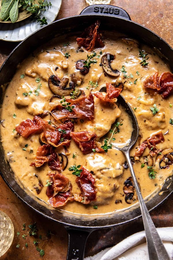 Smothered chicken in mushroom wine pan sauce
