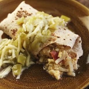 Smothered green chile breakfast burritos