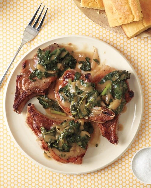 Smothered pork chops with cornbread