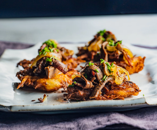 Smothered potato latkes
