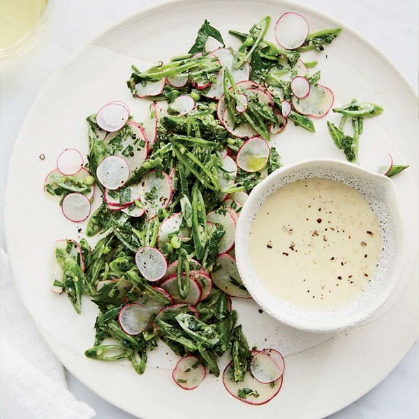 Snap pea and radish salad with tahini dressing