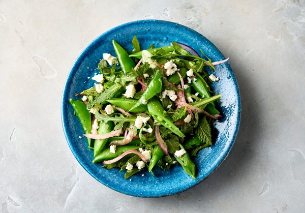 Snap pea salad with feta, lemon and mint