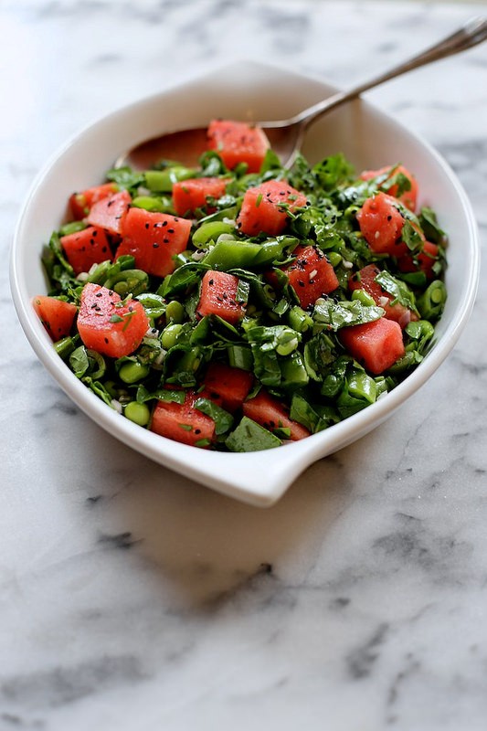 Snap pea, watermelon, and edamame salad with sesame vinaigrette