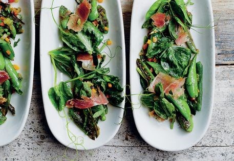 Snap peas & tendrils with prosciutto, soffrito & mint