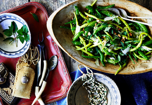 Snap peas and green beans with arugula-mint pesto