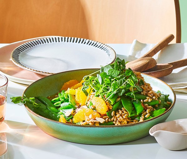 Snap peas, snow peas, and farro with oranges and citrus-sesame vinaigrette