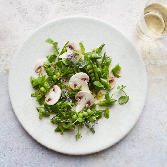 Snap peas with green garlic confit and dill vinaigrette