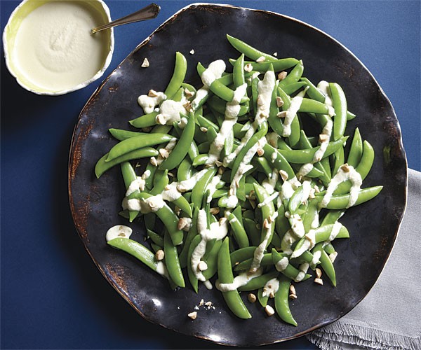 Snap peas with Turkish tarator sauce