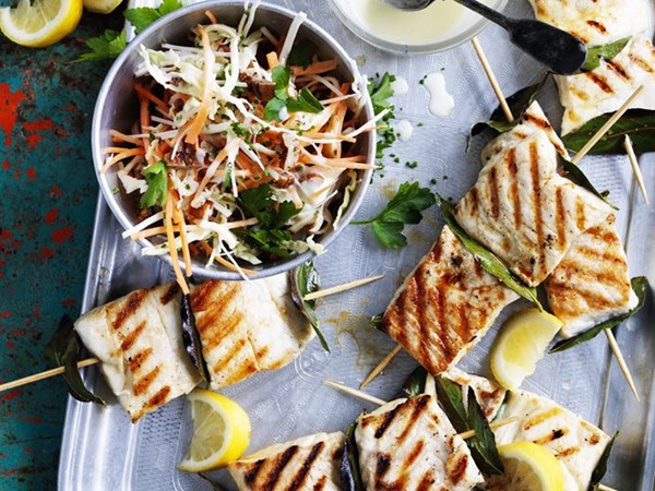 Snapper & bay leaf skewers with root vegetable slaw