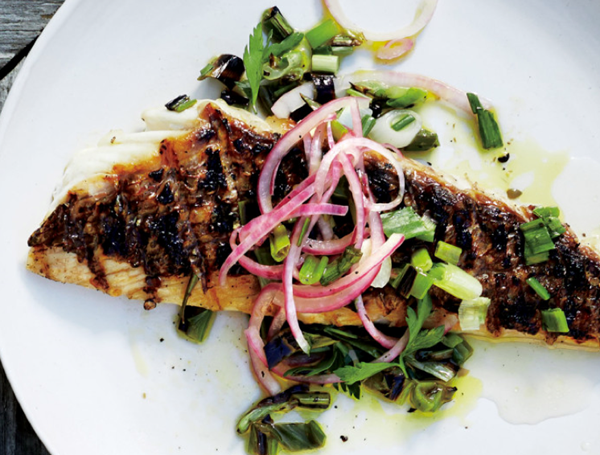 Snapper escabèche with charred scallions